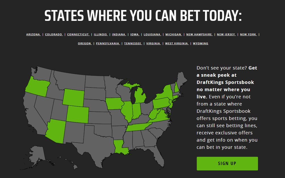 DraftKing map US - in green where Draftking is live online